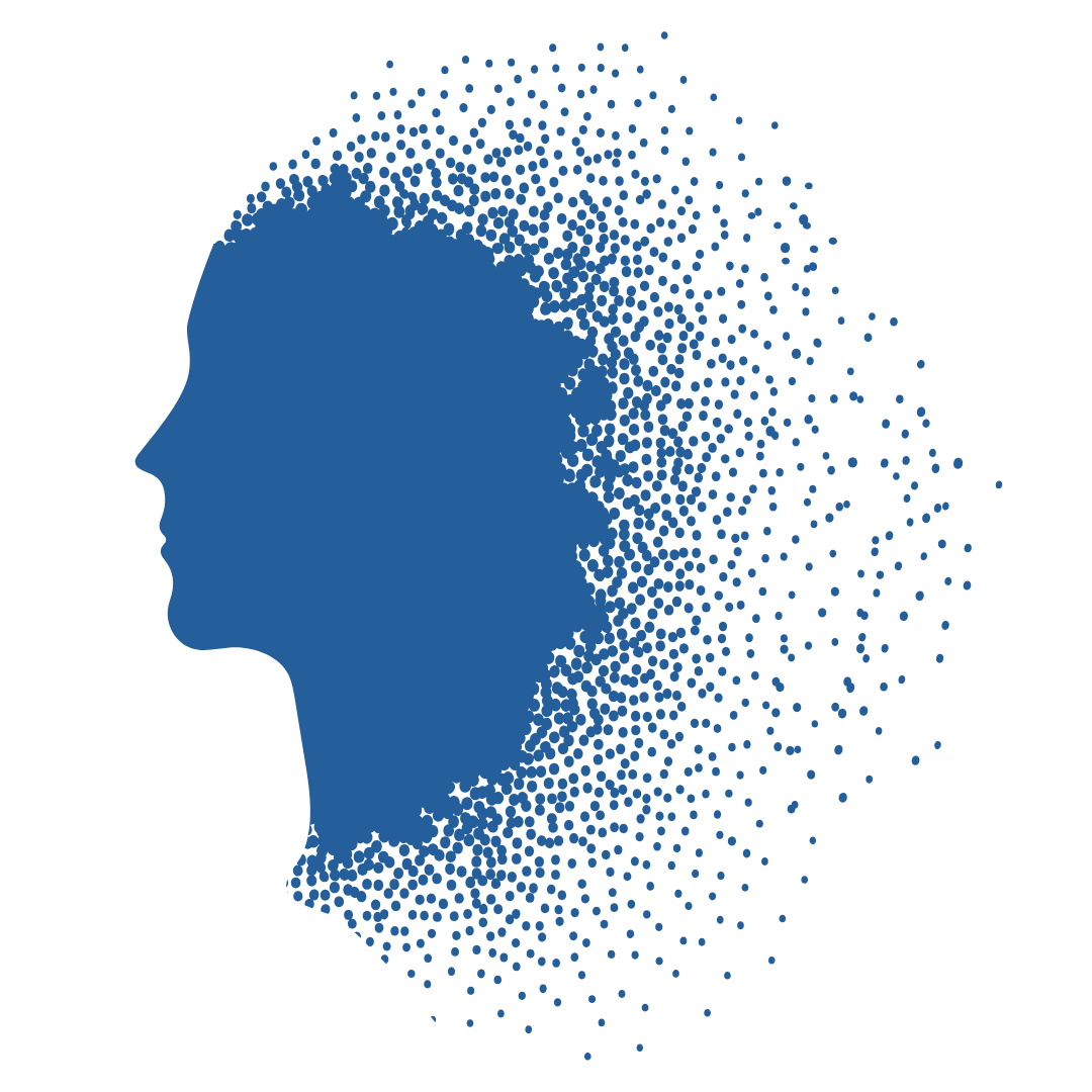 Silhouette of a human head in blue with the back dissolving into scattered dots, symbolizing memory loss or mental fading.